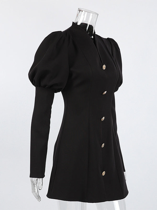 Puff Sleeve Mini Dress For Women Chic Retro Outfit - Black Elegant Stand Collar Slim Fit Bodycon - Spring Desk-to-dinner 2026