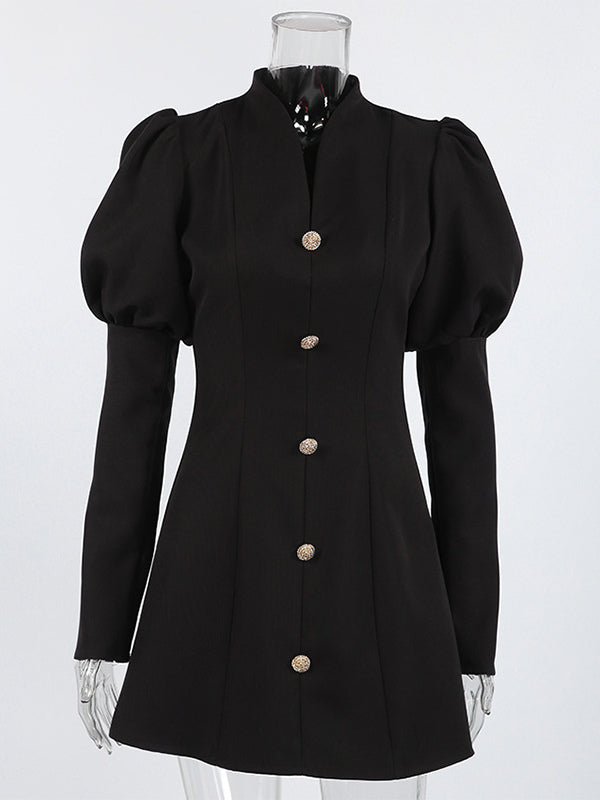 Puff Sleeve Mini Dress For Women Chic Retro Outfit - Black Elegant Stand Collar Slim Fit Bodycon - Spring Desk-to-dinner 2026