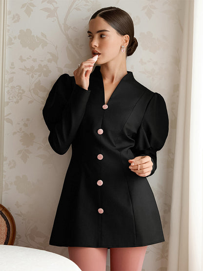 Puff Sleeve Mini Dress For Women Chic Retro Outfit - Black Elegant Stand Collar Slim Fit Bodycon - Spring Desk-to-dinner 2026