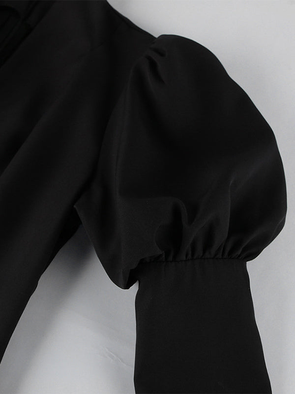 Puff Sleeve Mini Dress For Women Chic Retro Outfit - Black Elegant Stand Collar Slim Fit Bodycon - Spring Desk-to-dinner 2026