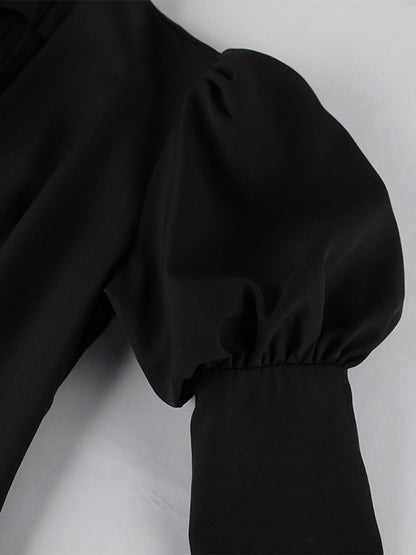 Puff Sleeve Mini Dress For Women Chic Retro Outfit - Black Elegant Stand Collar Slim Fit Bodycon - Spring Desk-to-dinner 2026