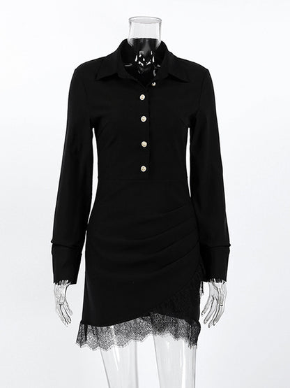 Ruched Shirt Dress Women's Chic Mini Dress - Black Lace Hem Long Sleeve Bodycon - Spring Desk-to-dinner 2026