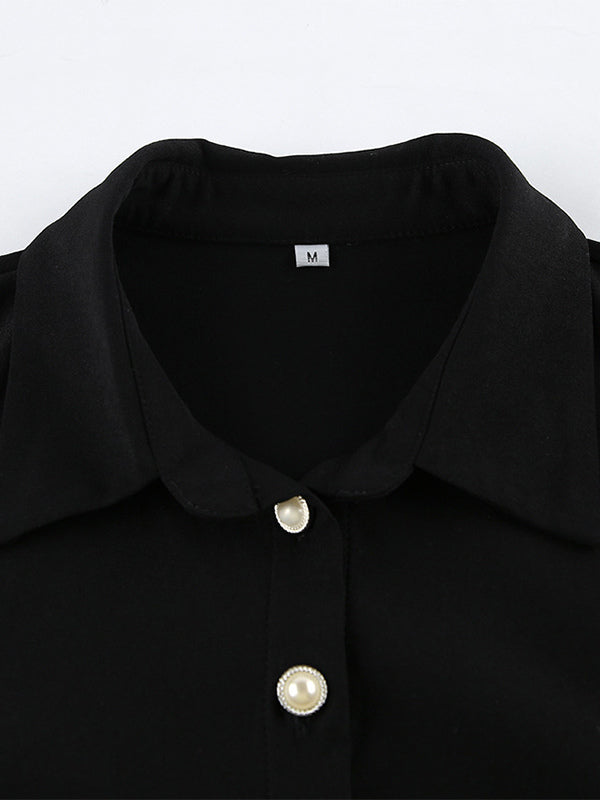 Ruched Shirt Dress Women's Chic Mini Dress - Black Lace Hem Long Sleeve Bodycon - Spring Desk-to-dinner 2026