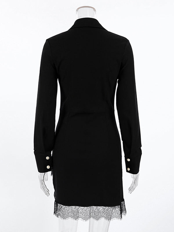 Ruched Shirt Dress Women's Chic Mini Dress - Black Lace Hem Long Sleeve Bodycon - Spring Desk-to-dinner 2026