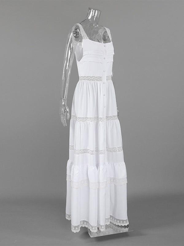 Boho Tiered Maxi Dress For Women - White Lace Patchwork Square Neck Chic Sundress - Summer Beach Vacation 2026