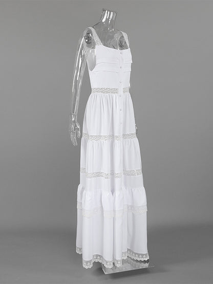 Boho Tiered Maxi Dress For Women - White Lace Patchwork Square Neck Chic Sundress - Summer Beach Vacation 2026