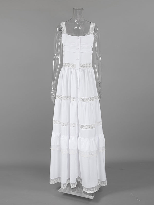 Boho Tiered Maxi Dress For Women - White Lace Patchwork Square Neck Chic Sundress - Summer Beach Vacation 2026