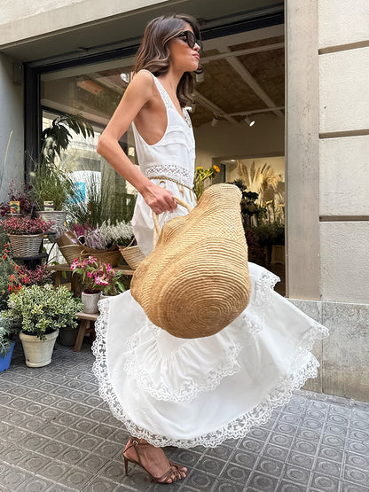 Boho Tiered Maxi Dress For Women - White Lace Patchwork Square Neck Chic Sundress - Summer Beach Vacation 2026