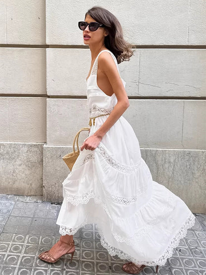 Boho Tiered Maxi Dress For Women - White Lace Patchwork Square Neck Chic Sundress - Summer Beach Vacation 2026