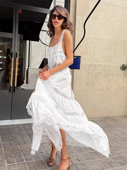 Boho Tiered Maxi Dress For Women - White Lace Patchwork Square Neck Chic Sundress - Summer Beach Vacation 2026
