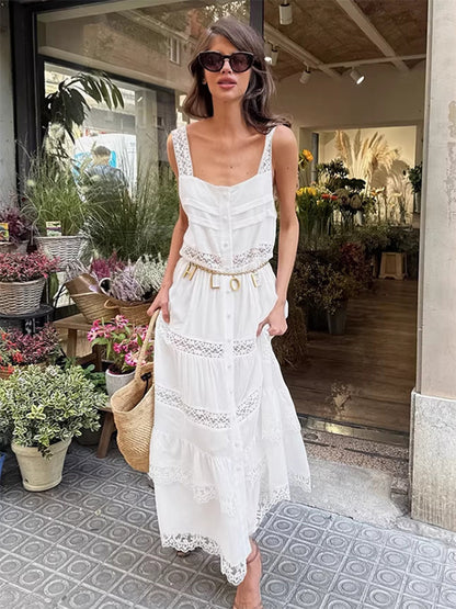 Boho Tiered Maxi Dress For Women - White Lace Patchwork Square Neck Chic Sundress - Summer Beach Vacation 2026