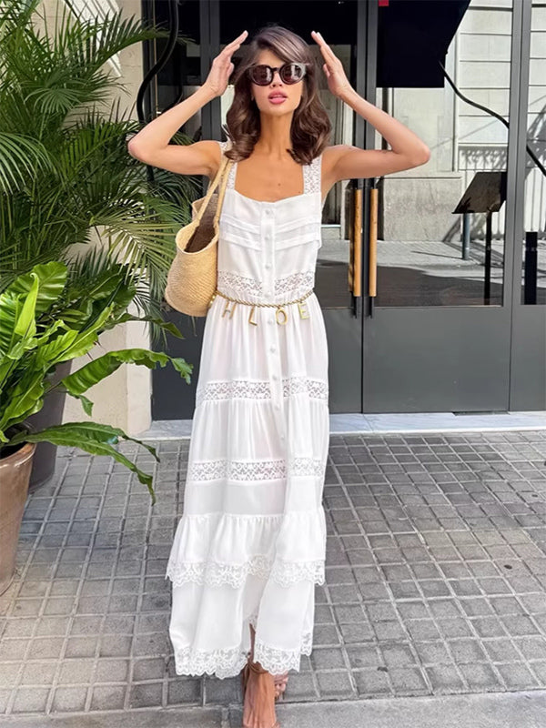 Boho Tiered Maxi Dress For Women - White Lace Patchwork Square Neck Chic Sundress - Summer Beach Vacation 2026