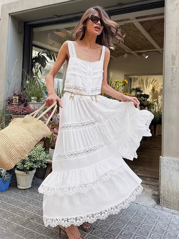 Boho Tiered Maxi Dress For Women - White Lace Patchwork Square Neck Chic Sundress - Summer Beach Vacation 2026