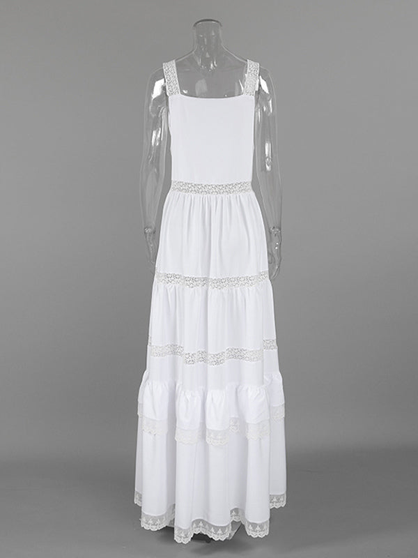 Boho Tiered Maxi Dress For Women - White Lace Patchwork Square Neck Chic Sundress - Summer Beach Vacation 2026