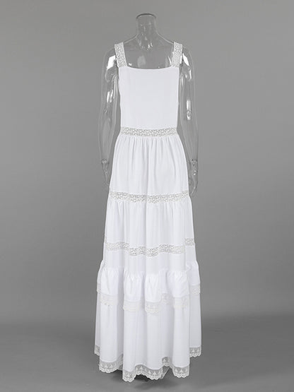 Boho Tiered Maxi Dress For Women - White Lace Patchwork Square Neck Chic Sundress - Summer Beach Vacation 2026