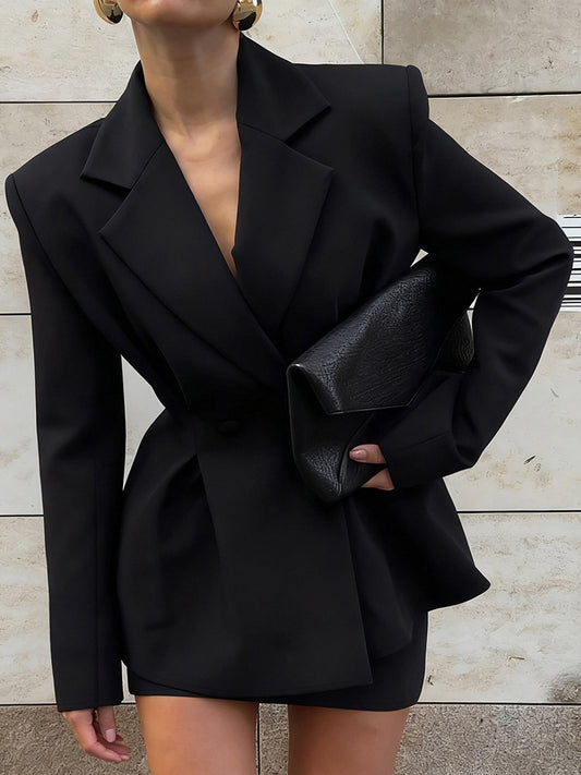Hourglass Blazer Set For Women - Black Old Money Peplum Suit With Mini Skirt - 2026 Spring Work Event Outfit