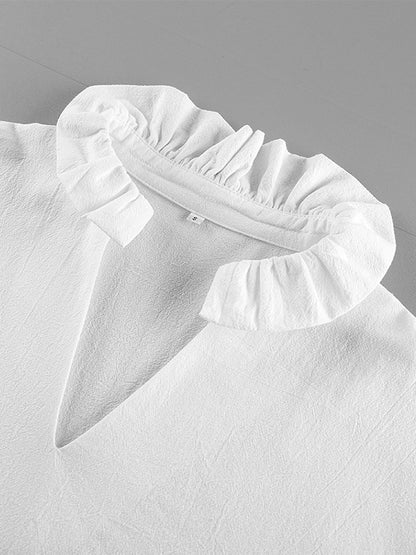 100% Cotton Blouse Women's Chic Boho Top - White Ruffle Neck Lantern Sleeve V Neck - Beach Vacation 2026