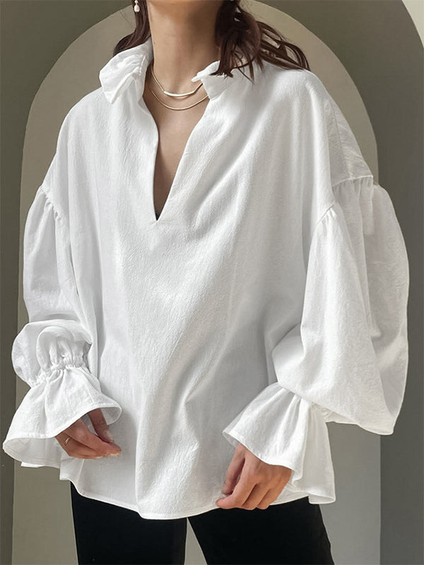 100% Cotton Blouse Women's Chic Boho Top - White Ruffle Neck Lantern Sleeve V Neck - Beach Vacation 2026