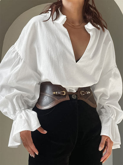100% Cotton Blouse Women's Chic Boho Top - White Ruffle Neck Lantern Sleeve V Neck - Beach Vacation 2026