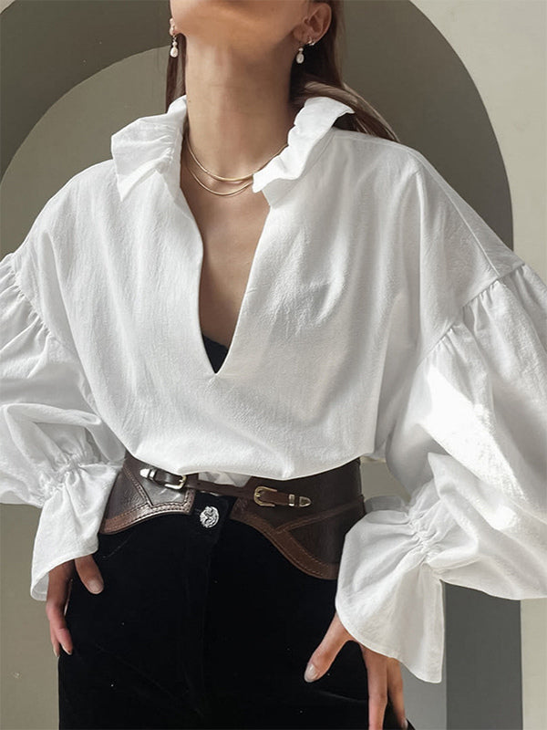 100% Cotton Blouse Women's Chic Boho Top - White Ruffle Neck Lantern Sleeve V Neck - Beach Vacation 2026