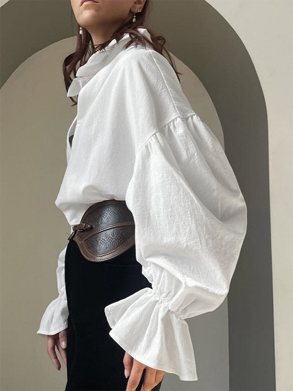 100% Cotton Blouse Women's Chic Boho Top - White Ruffle Neck Lantern Sleeve V Neck - Beach Vacation 2026