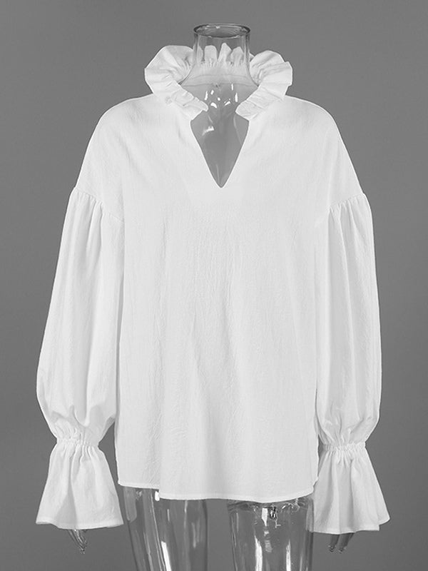 100% Cotton Blouse Women's Chic Boho Top - White Ruffle Neck Lantern Sleeve V Neck - Beach Vacation 2026