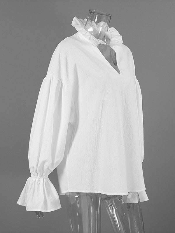 100% Cotton Blouse Women's Chic Boho Top - White Ruffle Neck Lantern Sleeve V Neck - Beach Vacation 2026