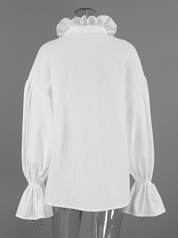 100% Cotton Blouse Women's Chic Boho Top - White Ruffle Neck Lantern Sleeve V Neck - Beach Vacation 2026