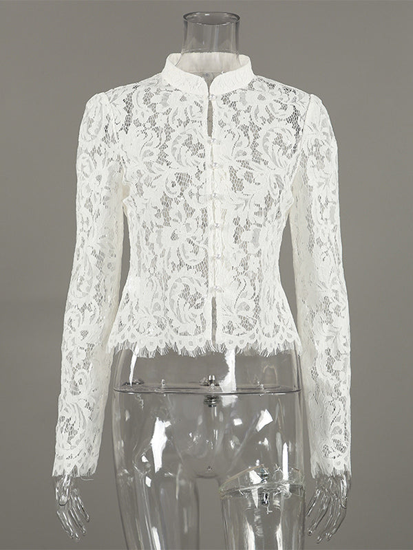 Floral Lace Blouse Women's Elegant Button Up Top - White Stand Collar Slim Fit - Spring Night Party Wear 2026