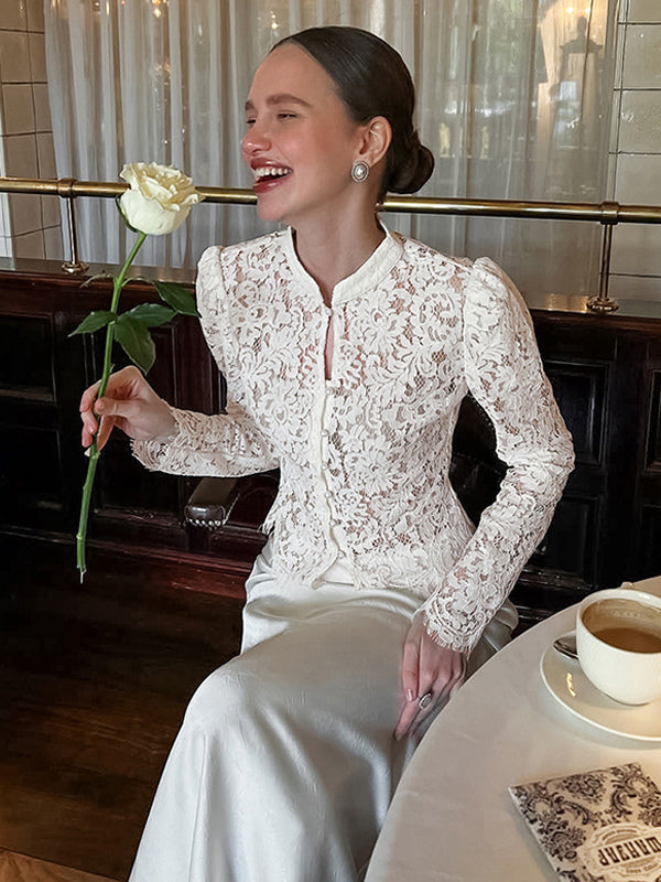 Floral Lace Blouse Women's Elegant Button Up Top - White Stand Collar Slim Fit - Spring Night Party Wear 2026