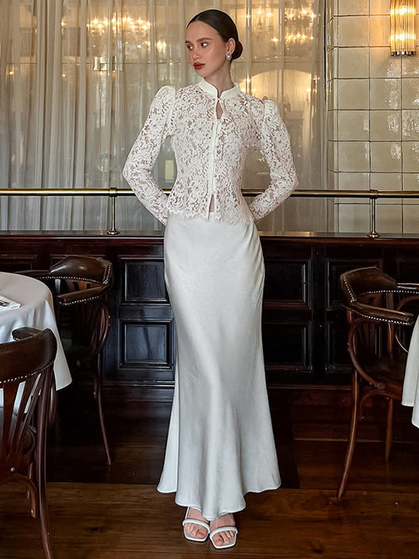Floral Lace Blouse Women's Elegant Button Up Top - White Stand Collar Slim Fit - Spring Night Party Wear 2026