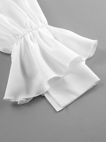Peplum Blouse Women's Elegant White Top - Halter V Neck Lantern Sleeve Slim Fit - Spring Desk-to-Dinner 2026
