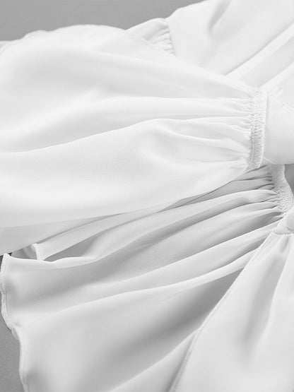 Peplum Blouse Women's Elegant White Top - Halter V Neck Lantern Sleeve Slim Fit - Spring Desk-to-Dinner 2026