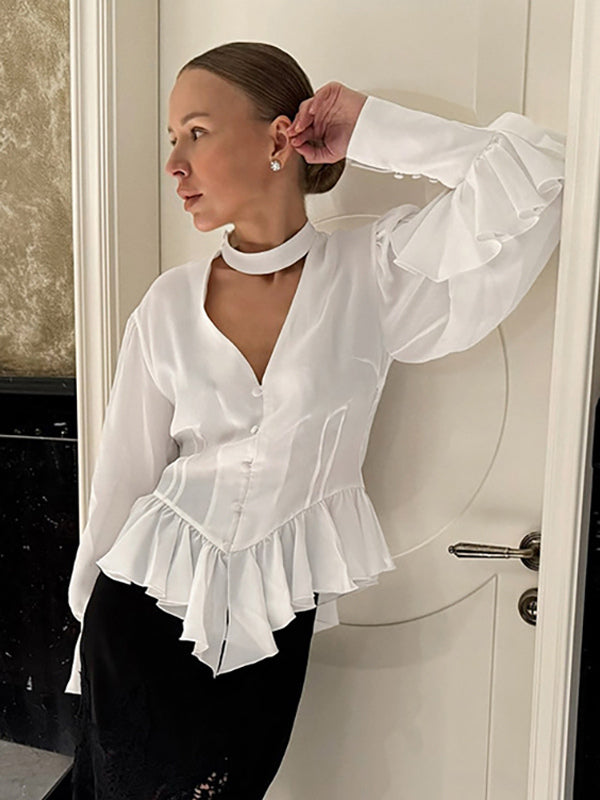 Peplum Blouse Women's Elegant White Top - Halter V Neck Lantern Sleeve Slim Fit - Spring Desk-to-Dinner 2026