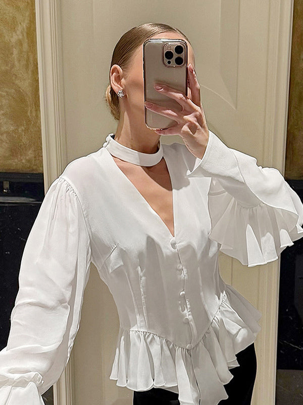 Peplum Blouse Women's Elegant White Top - Halter V Neck Lantern Sleeve Slim Fit - Spring Desk-to-Dinner 2026
