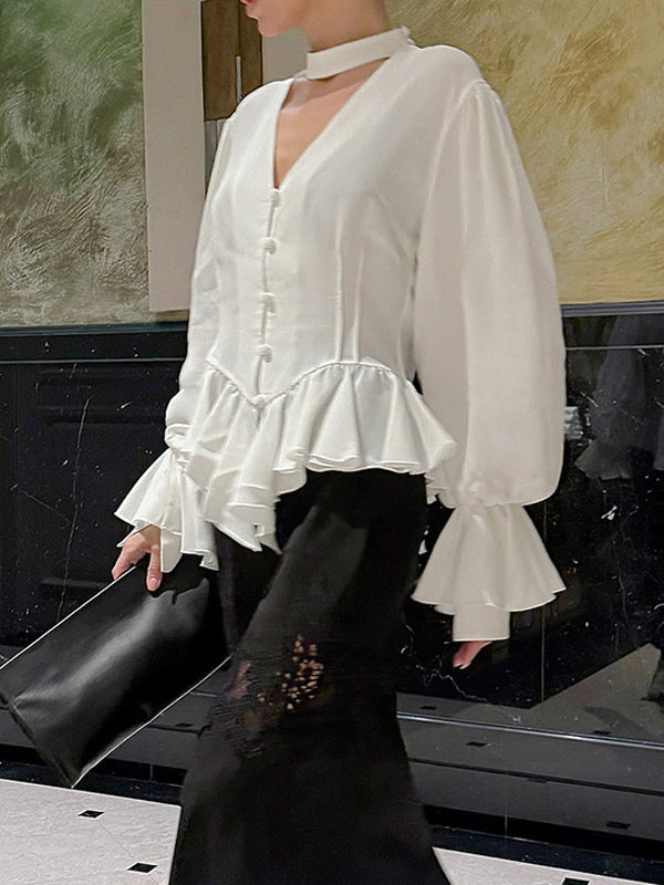 Peplum Blouse Women's Elegant White Top - Halter V Neck Lantern Sleeve Slim Fit - Spring Desk-to-Dinner 2026