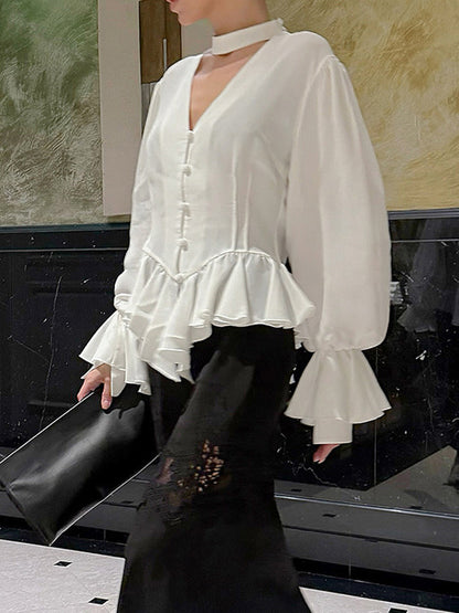 Peplum Blouse Women's Elegant White Top - Halter V Neck Lantern Sleeve Slim Fit - Spring Desk-to-Dinner 2026