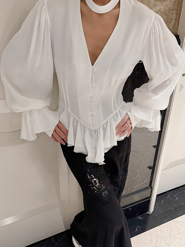 Peplum Blouse Women's Elegant White Top - Halter V Neck Lantern Sleeve Slim Fit - Spring Desk-to-Dinner 2026