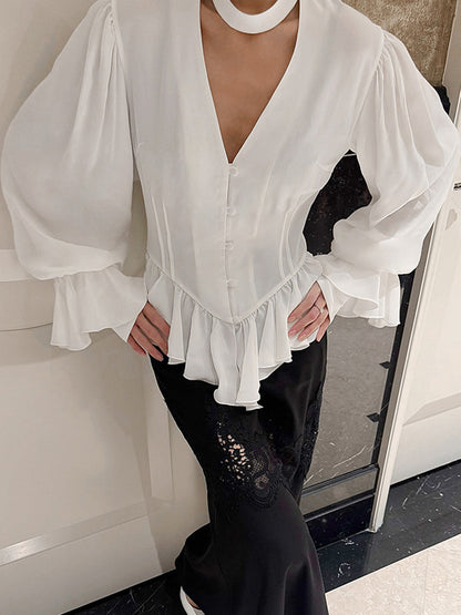 Peplum Blouse Women's Elegant White Top - Halter V Neck Lantern Sleeve Slim Fit - Spring Desk-to-Dinner 2026