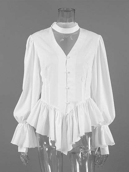 Peplum Blouse Women's Elegant White Top - Halter V Neck Lantern Sleeve Slim Fit - Spring Desk-to-Dinner 2026