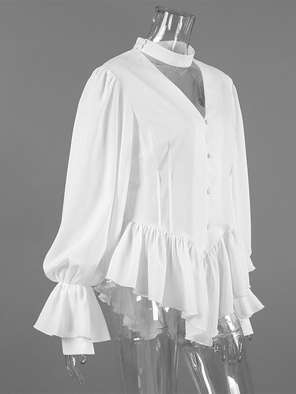Peplum Blouse Women's Elegant White Top - Halter V Neck Lantern Sleeve Slim Fit - Spring Desk-to-Dinner 2026