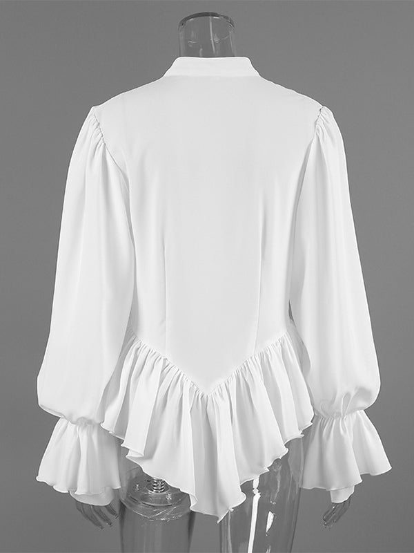 Peplum Blouse Women's Elegant White Top - Halter V Neck Lantern Sleeve Slim Fit - Spring Desk-to-Dinner 2026