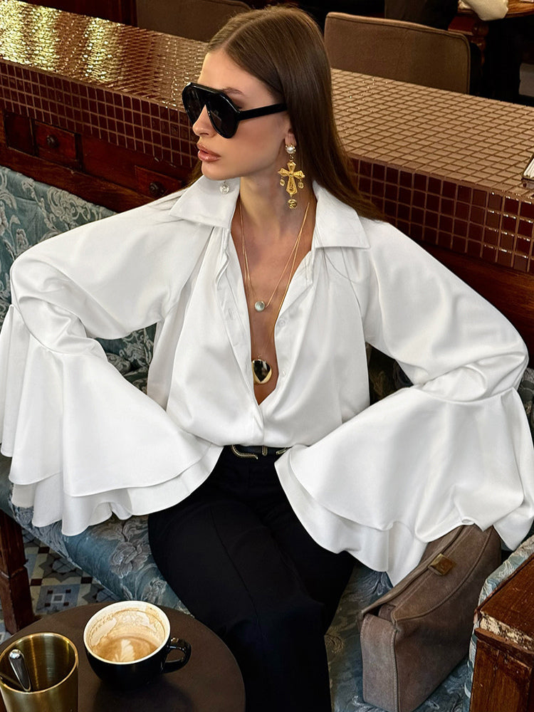 Satin Bell Sleeve Blouse Women Elegant Shirt - White Silk Like Flare Cuff Button Down - Spring Desk-to-Dinner 2026