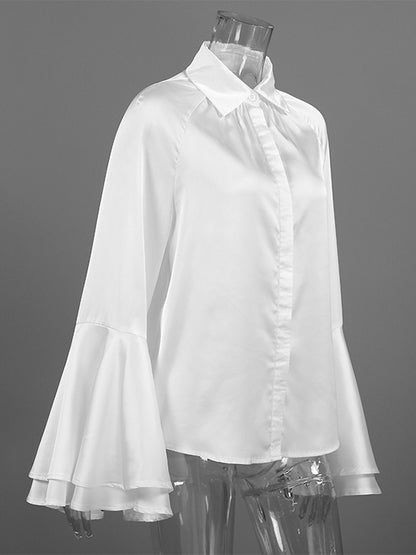 Satin Bell Sleeve Blouse Women Elegant Shirt - White Silk Like Flare Cuff Button Down - Spring Desk-to-Dinner 2026
