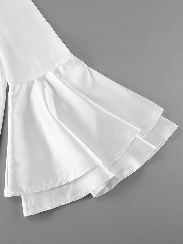 Satin Bell Sleeve Blouse Women Elegant Shirt - White Silk Like Flare Cuff Button Down - Spring Desk-to-Dinner 2026