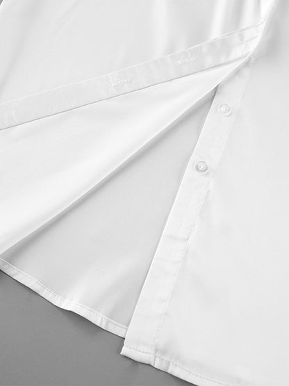 Satin Bell Sleeve Blouse Women Elegant Shirt - White Silk Like Flare Cuff Button Down - Spring Desk-to-Dinner 2026