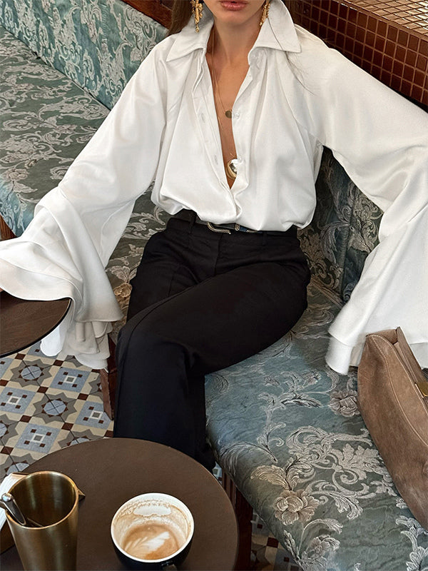 Satin Bell Sleeve Blouse Women Elegant Shirt - White Silk Like Flare Cuff Button Down - Spring Desk-to-Dinner 2026