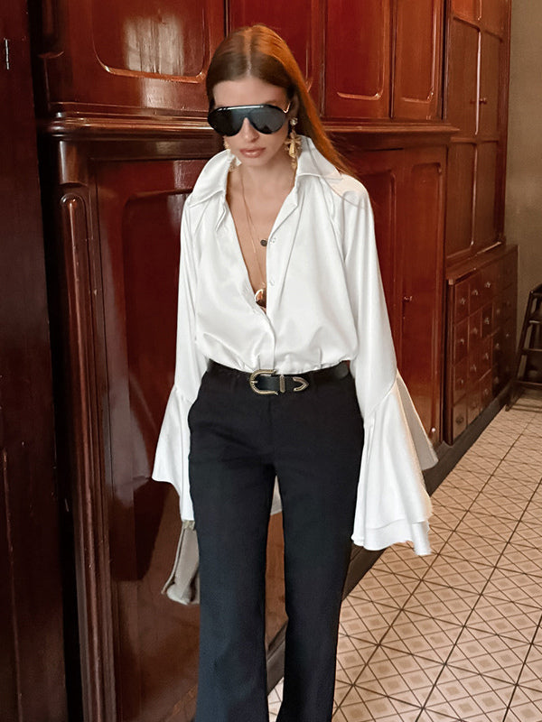 Satin Bell Sleeve Blouse Women Elegant Shirt - White Silk Like Flare Cuff Button Down - Spring Desk-to-Dinner 2026
