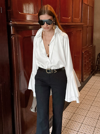 Satin Bell Sleeve Blouse Women Elegant Shirt - White Silk Like Flare Cuff Button Down - Spring Desk-to-Dinner 2026