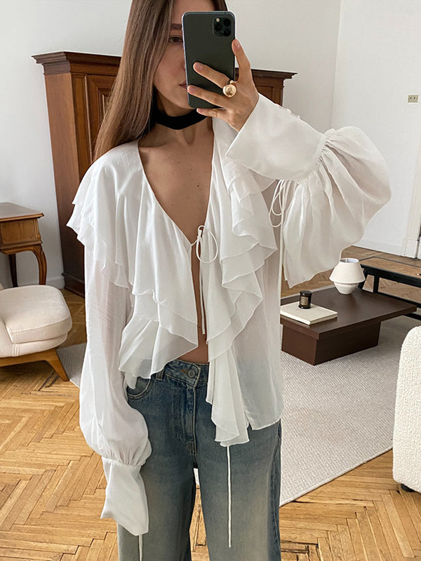 Tie Front Ruffle Blouse Women Chic Top - White French Vintage Lantern Sleeve Deep V Neck - Spring Daily Streetwear 2026